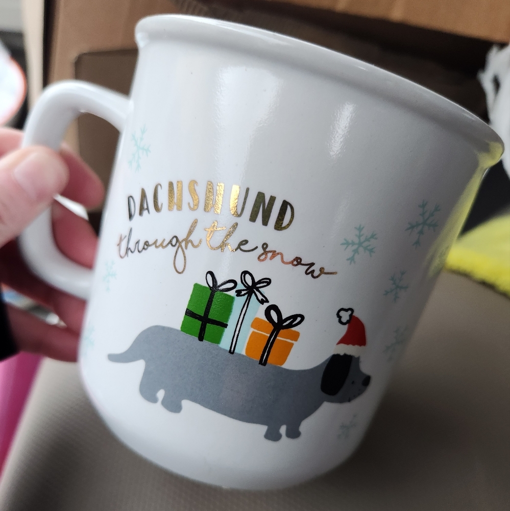 Christmas Dachshund Through The Snow Mug with Dog Snowflakes Presents